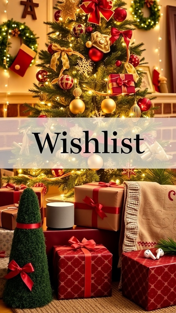 Top 3 Christmas Wishlist Ideas A Christmas tree with gifts including a smart speaker, cozy blanket, and wireless earbuds.
